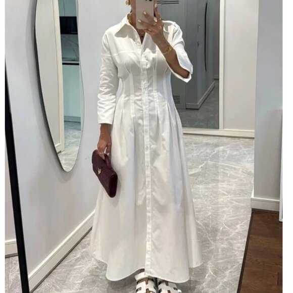 Zara Dresses & Skirts - Zara Womens Shirt Dress Midi Size Large White Collared Long Sleeve 2395/077 NWT